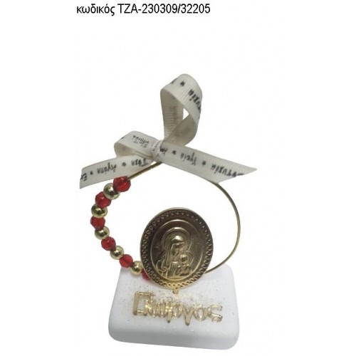 ΠΑΝΑΓΙΤΣΑ ΕΠΙΧΡΥΣΗ ΣΕ ΚΥΚΛΟ ΜΕ ΚΟΚΚΙΝΕΣ ΚΑΙ ΧΡΥΣΕΣ ΧΑΝΤΡΕΣ ΚΑΙ ΟΝΟΜΑ PLEXIGLASS ΠΑΝΩ ΣΕ ΜΑΡΜΑΡΟ ΤΖΑ-230309/32205